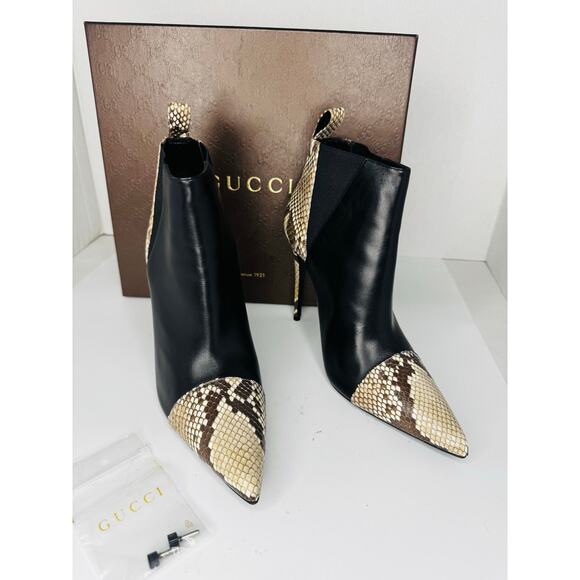 Gucci Black Leather And Roccia Python Pointed Toe Ankle stiletto Boots EU 39.5 - Picture 6 of 11